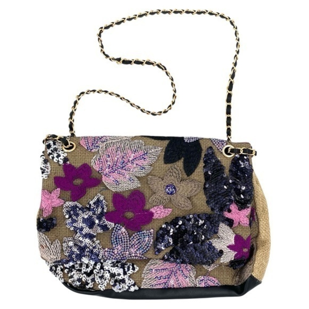 Floral Embroidered Sequin Woven Jute Clutch Shoulder Bag